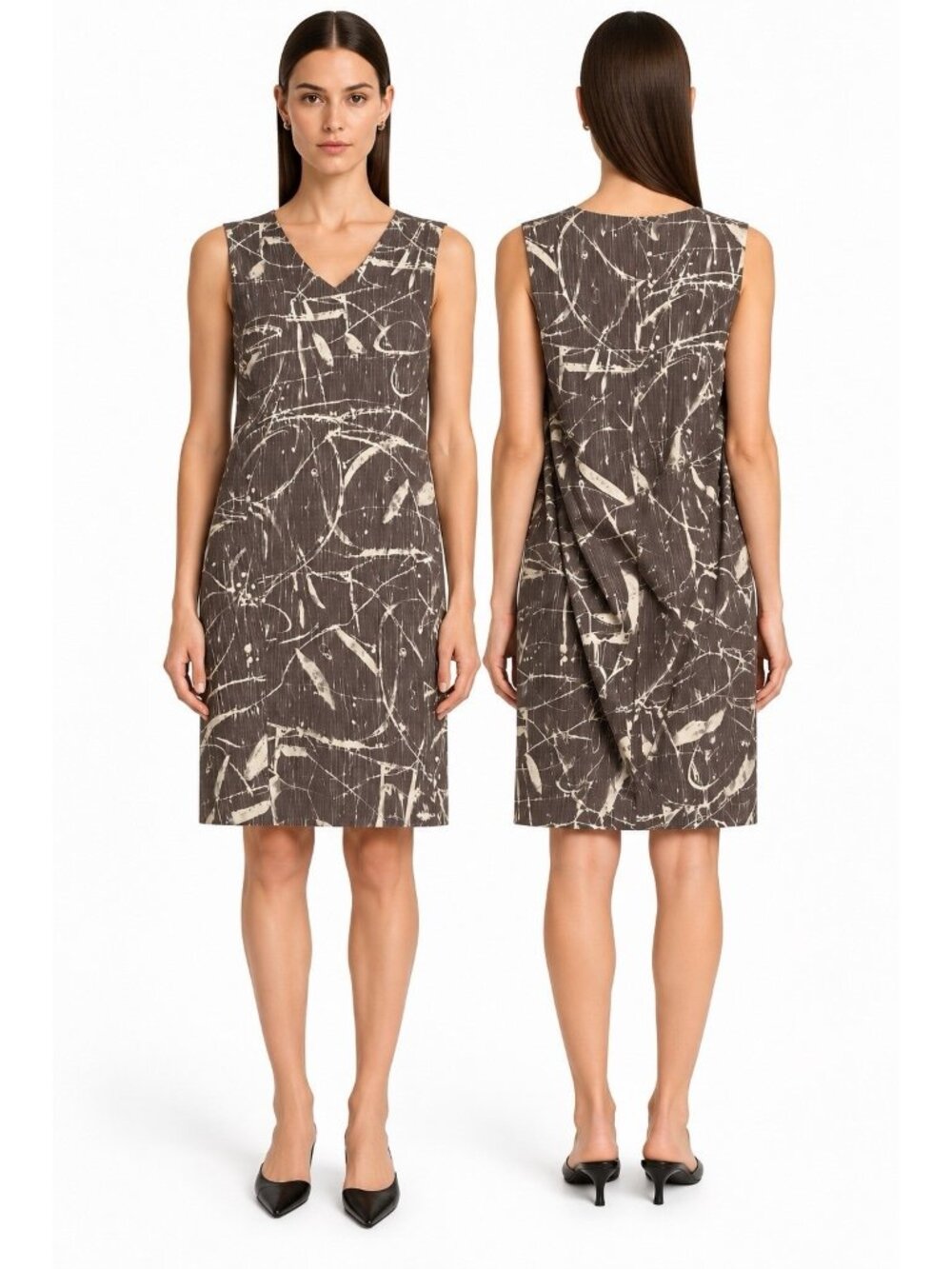 MARNI DRESS brown abstract 42 US 6 pleated back sleeveless italy shift sheath